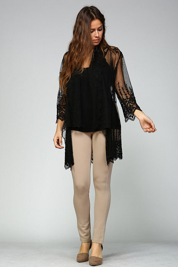 Front Open Lace Cardigan With Cami - Black
